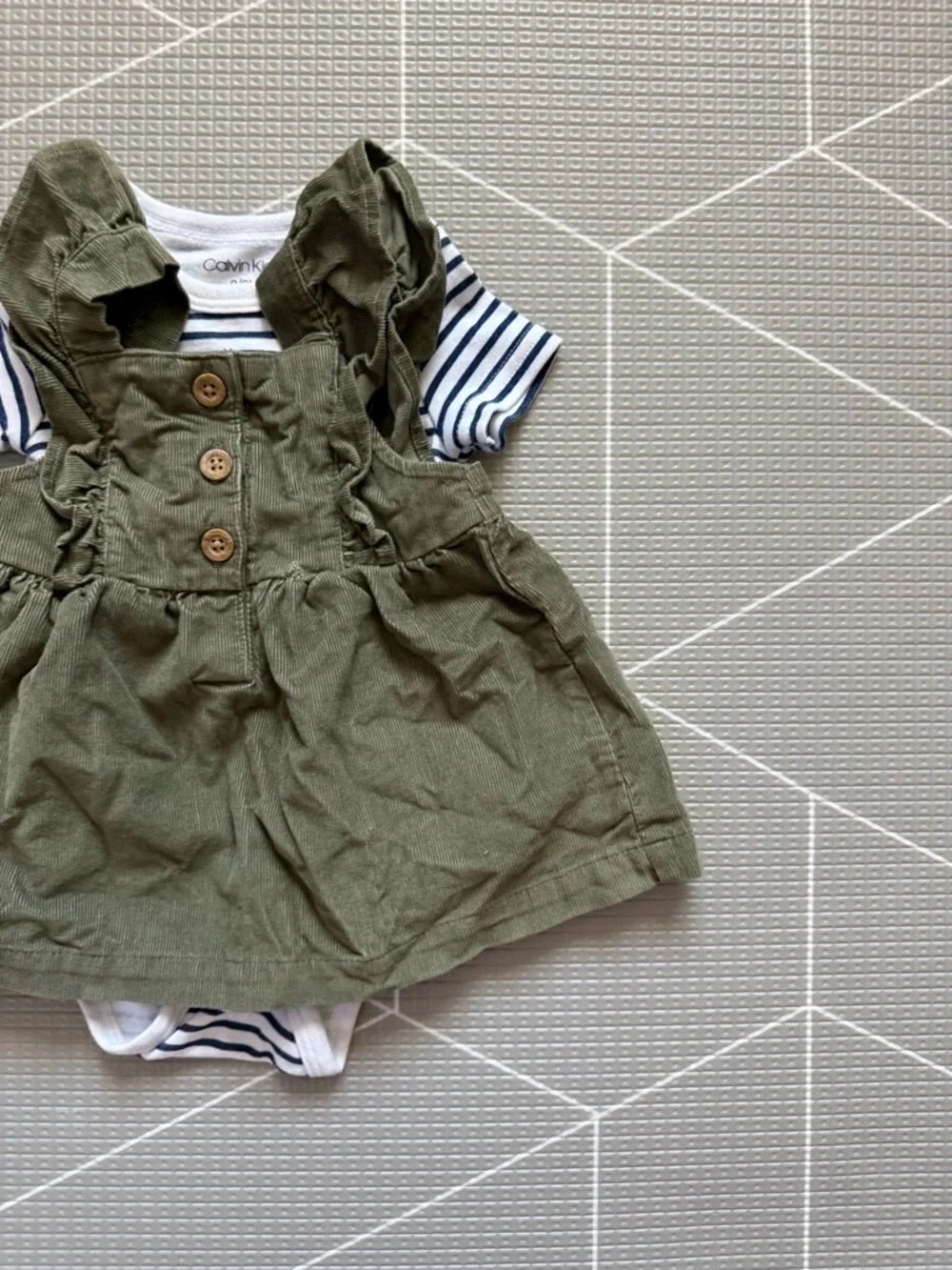 Carters|Baby girl boho set,white Striped Onesie & Olive corduroy pinafore dress•